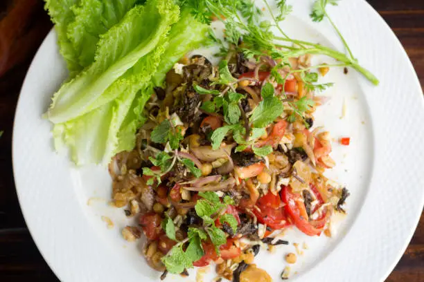 Burmese Tea Leaf Salad with vegetables in the white dish