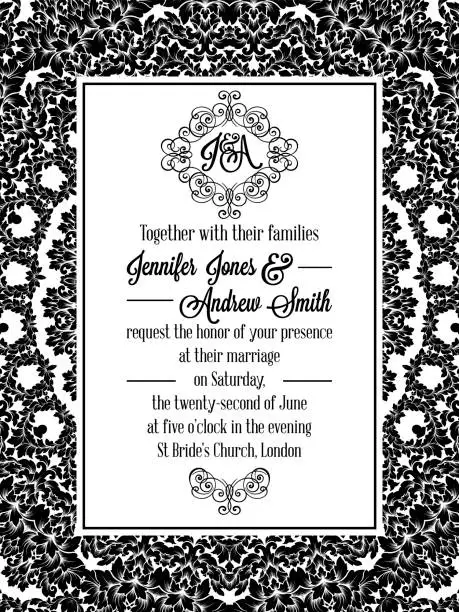 Vector illustration of Damask pattern design for wedding invitation in black and white. Brocade royal frame and exquisite monogram