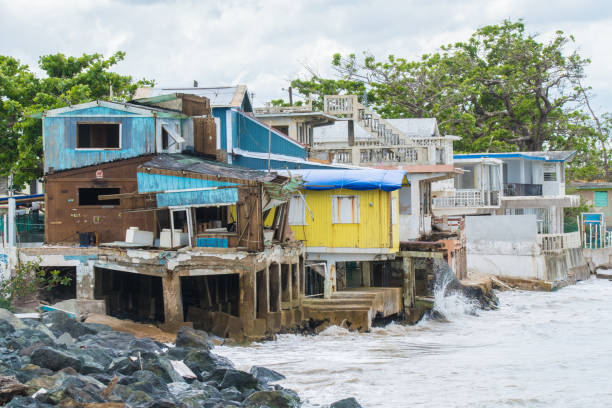 Hurricane Maria Damage Seaside scene in Rincon, Puerto Rico after Hurricane Marie showing damage to businesses. puerto rico photos stock pictures, royalty-free photos & images