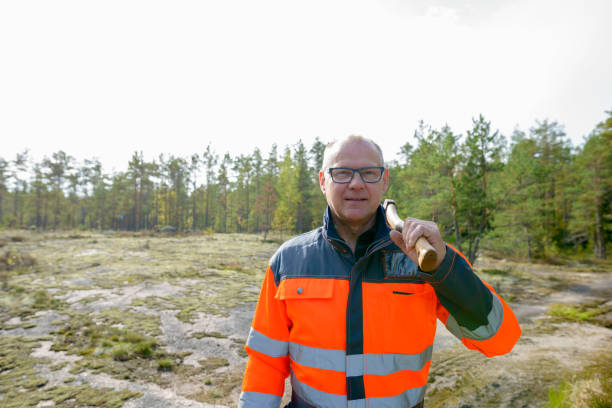 istock Mature handsome man working and felling trees in the forest 872279058