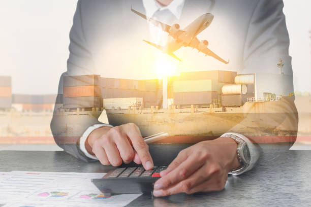 Double exposure of businessman working with calculator, Container Cargo ship, Cargo plane and airplane take off at sunset as business, Calculation, industrial, transportation and import export concept Double exposure of businessman working with calculator, Container Cargo ship, Cargo plane and airplane take off at sunset as business, Calculation, industrial, transportation and import export concept plane hand tool photos stock pictures, royalty-free photos & images