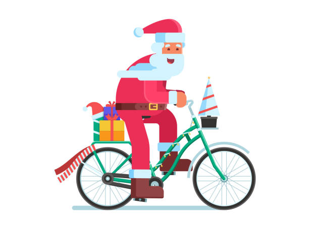 illustrations, cliparts, dessins animés et icônes de père noël avec sac cadeau noël vélo - père noel à vélo