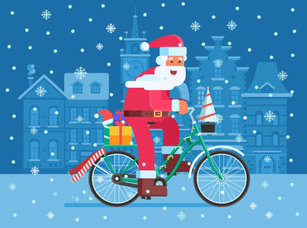 illustrations, cliparts, dessins animés et icônes de père noël avec sac cadeau noël vélo - père noel à vélo