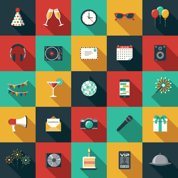 Party & Celebration Flat Design Icon Set with Side Shadow A set of flat design styled party/celebration icons with a long side shadow. Color swatches are global so it’s easy to edit and change the colors. cute entertainment stock illustrations