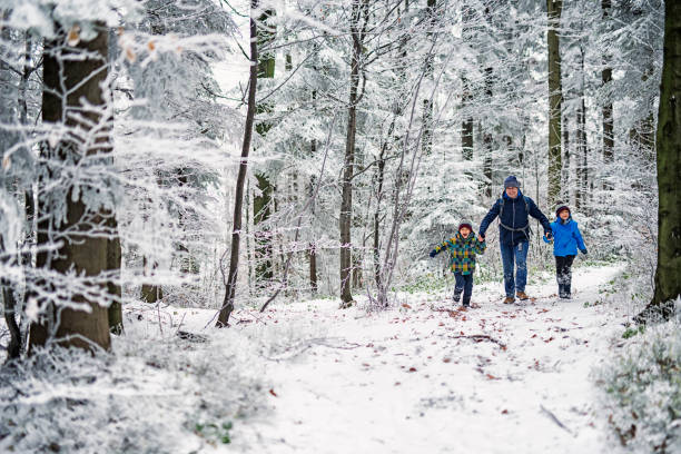 istock Father with kids running in beautiful winter forest 872324104