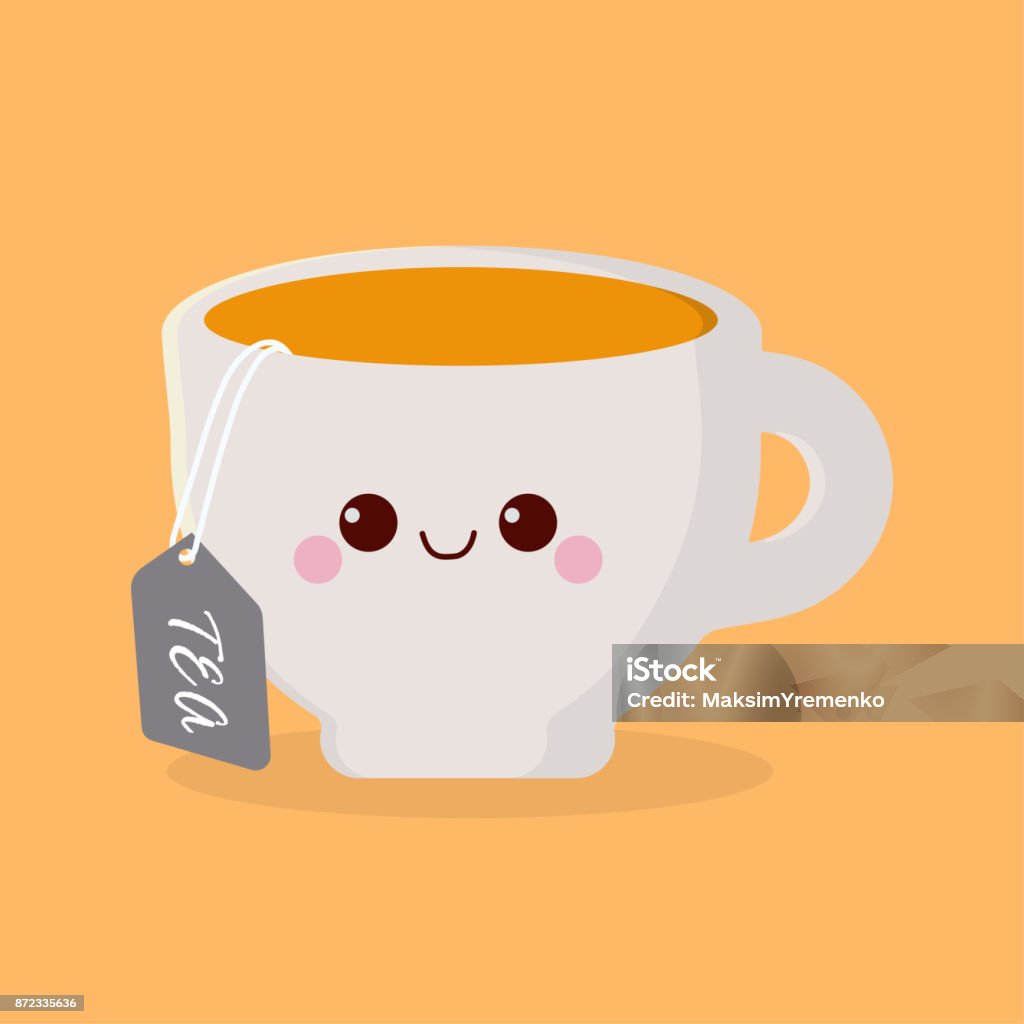Cute cartoon cup funny cute cup drawn with a smile, eyes and hands, cartoon cup of tea with millk, cardboard character Tea Cup stock vector