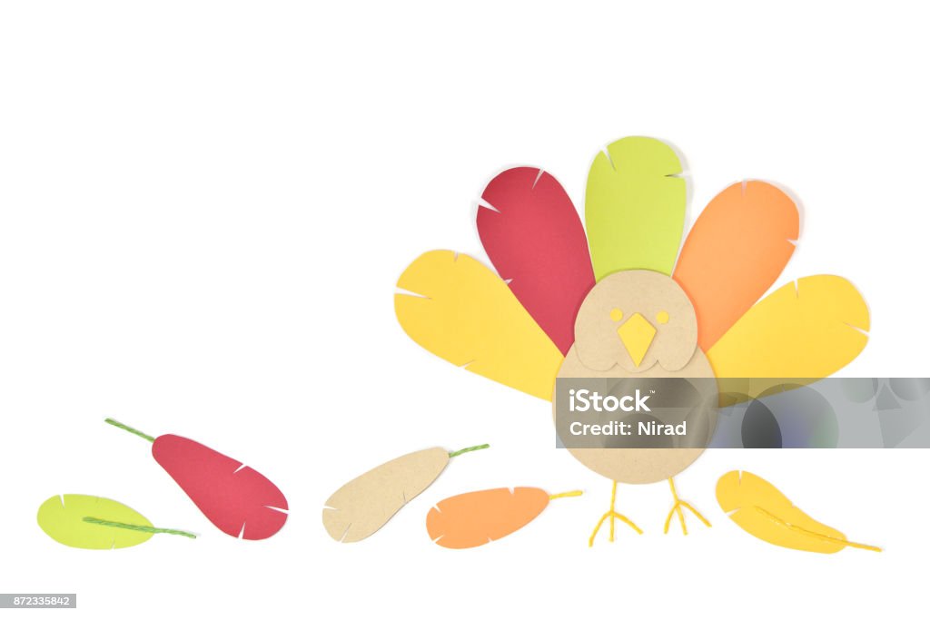 Thanksgiving turkey paper cut on white background Thanksgiving turkey paper cut on white background - isolated Turkey - Bird Stock Photo
