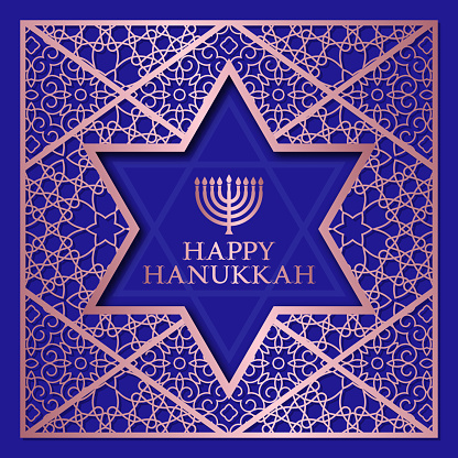 Happy Hanukkah greeting card templates on golden patterned background with star of David frame.