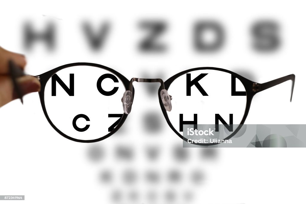 myopia correction glasses on the eye chart letters myopia correction glasses on the eye chart letters background Eye Chart Stock Photo