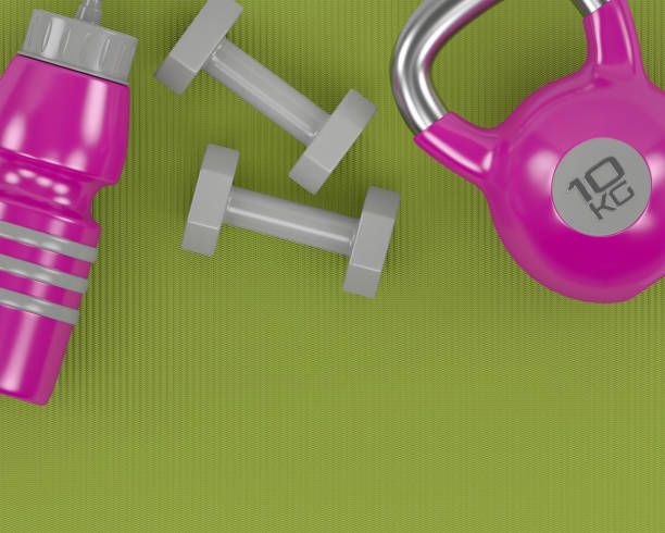 istock 3d rendering of dumbbells, kettlebell and gym shaker on  mat 872346346
