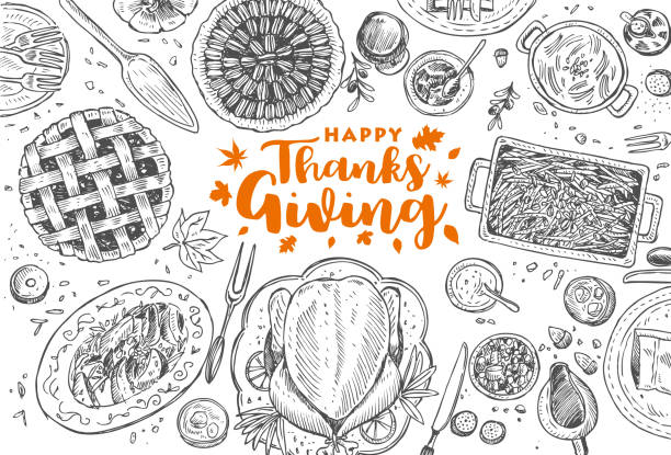 Hand drawn Thanksgiving dinner, Vector Illustration Eps 10, No layers thanksgiving holiday drawings stock illustrations