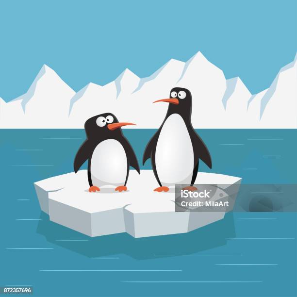 Two Cute Penguins On Ice Floe Vector Illustration Stock Illustration - Download Image Now