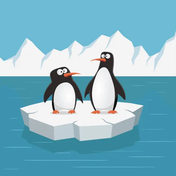 Vector illustration of Two cute penguins on ice floe. Vector illustration.