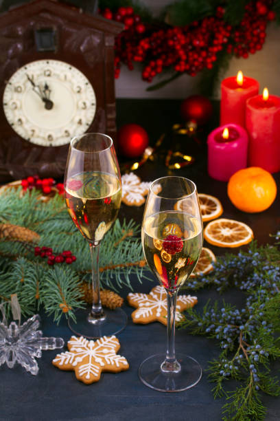 istock Christmas holiday decorated table with white sparkling wine 872361308