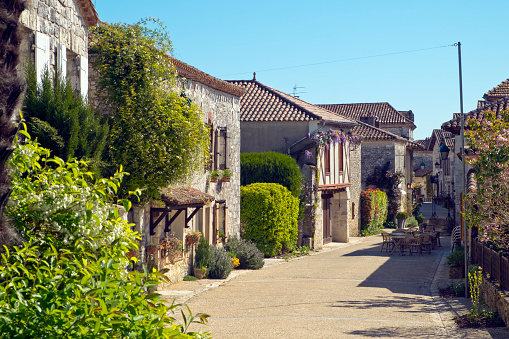 A quiet picturesque street in Pujols, Lot-et-Garonne, France. This historic village  is a member of \