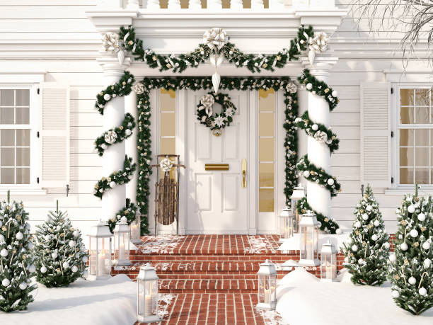 istock christmas decorated porch with little trees and lanterns. 3d rendering 872361856