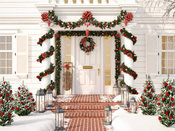 istock christmas decorated porch with little trees and lanterns. 3d rendering 872361900