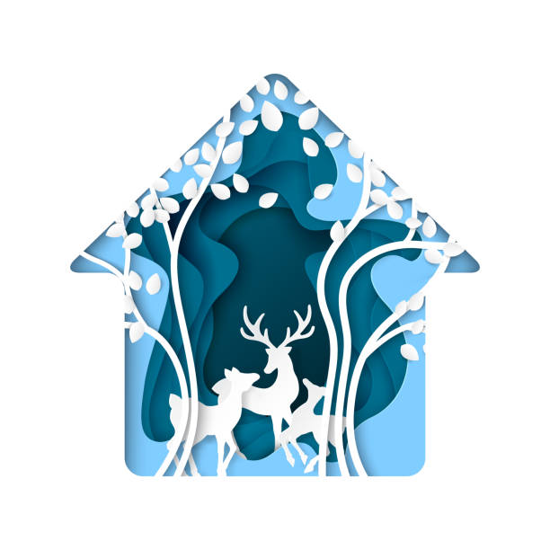 istock Abstract nature house with deer and tree paper art background 872369544
