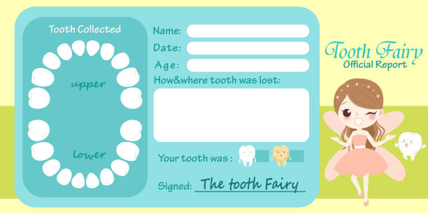 tooth fairy official report cute cartoon tooth fairy official report on yellow background cartoon of medical records stock illustrations