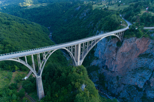 aerial view of Durdevica Bridge over Tara Canyon in Montenegro