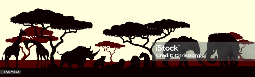 Animal Silhouette African Safari Landscape Scene Stock Illustration -  Download Image Now - Tree, Rainforest, Africa - iStock