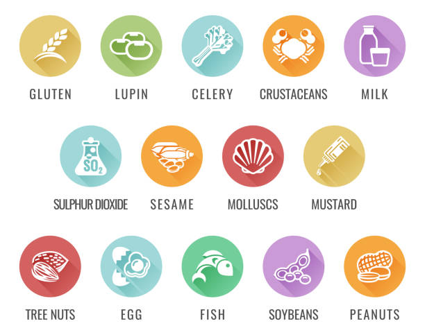 ilustraciones, imágenes clip art, dibujos animados e iconos de stock de iconos de alergia de alimentos alérgenos - allergy food peanut pollen
