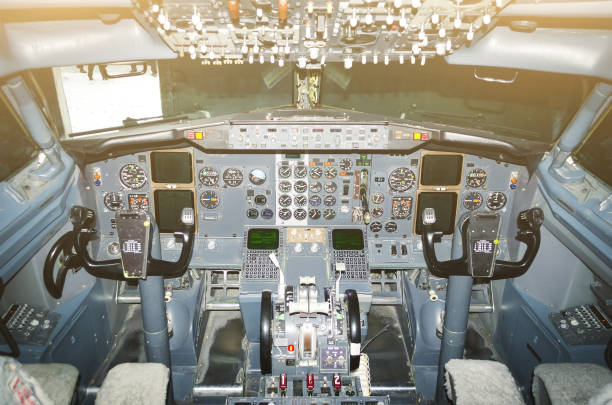 istock Cabin pilots aircraft view of the windshield, steering wheels, control devices. 872378956
