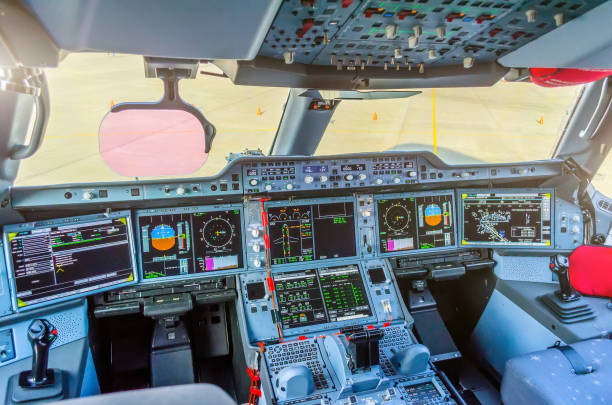 istock Cabin pilots aircraft view of the windshield, steering wheels, control devices. 872379042