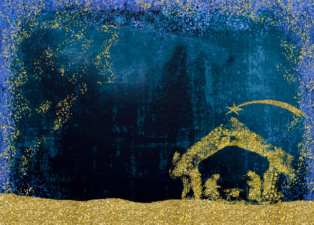 Christmas Nativity Scene greetings cards, abstract freehand drawing of Nativity scene with golden glitter, grunge background with blank.