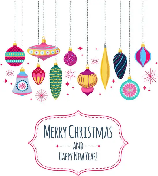 Vector illustration of Colorful retro baubles background. Decorative christmas tree balls
