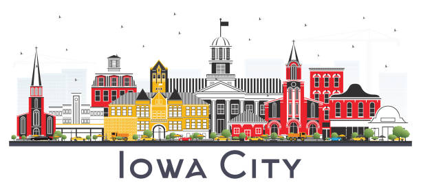 Iowa City Skyline with Color Buildings Isolated on White Background. Iowa City Skyline with Color Buildings Isolated on White Background. Vector Illustration. Business Travel and Tourism Illustration with Historic Architecture. business architecture blue people stock illustrations