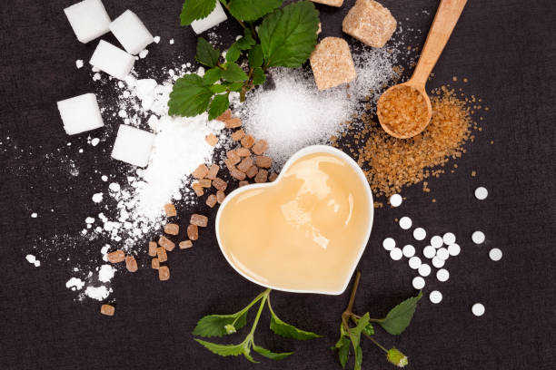 Various types of sugar from above stock photo