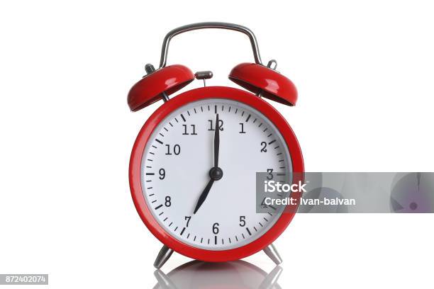 Red Alarm Clock Isolated On White Stock Photo - Download Image Now - Alarm Clock, Clock, White Background