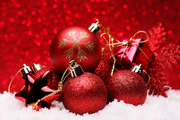 istock Christmas composition of Christmas tree toys on a red background 872405814