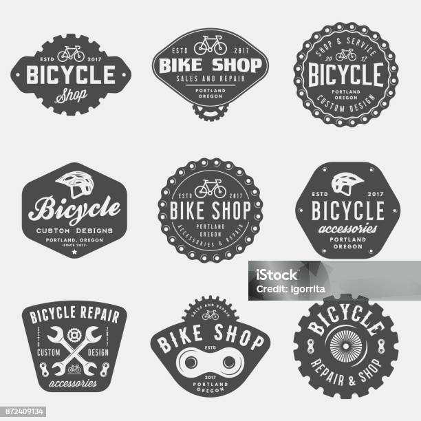 Jeu De Magasin De Vélos Vintage Et Réparation Badges Et Étiquettes Vecteurs libres de droits et plus d'images vectorielles de Logo