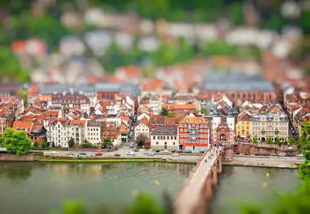 Aerial view of Heidelberg old town and Neckar river, Baden-Wurttemberg state, Germany. Tilt-shift Miniature Effect