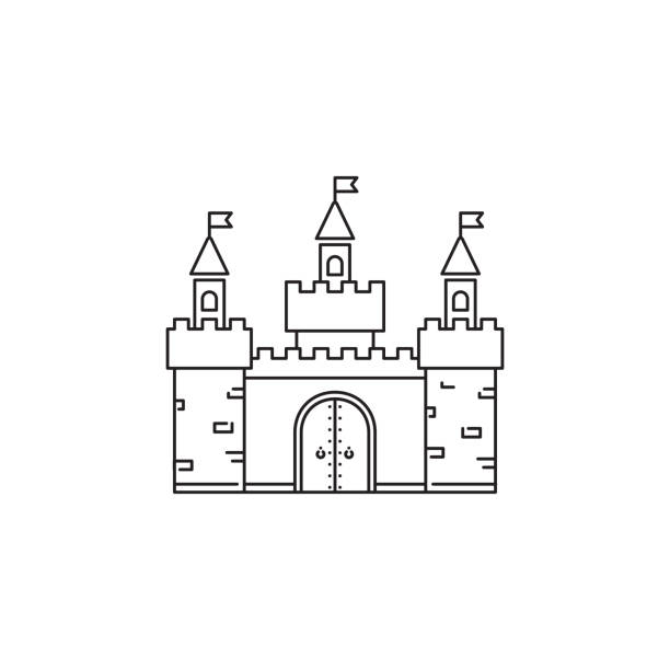 ilustraciones, imágenes clip art, dibujos animados e iconos de stock de castillo icono vector diseño lineal aislado sobre fondo blanco. plantilla de logotipo parque, elemento para parque de atracciones, objeto de icono de la línea - louisbourg