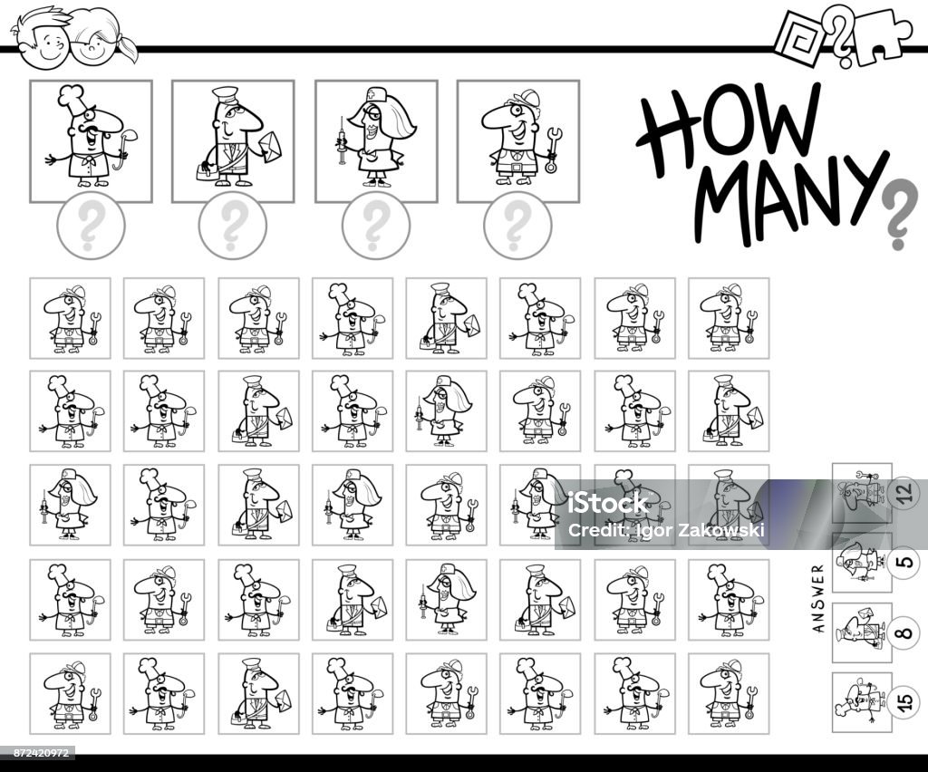 counting game with professions for coloring Black and White Cartoon Illustration of Educational How Many Counting Activity for Children with Professional People Characters Coloring Book Coloring stock vector