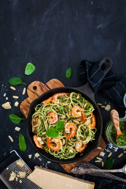 istock Spaghetti with prawns and homemade pesto sauce 872421440
