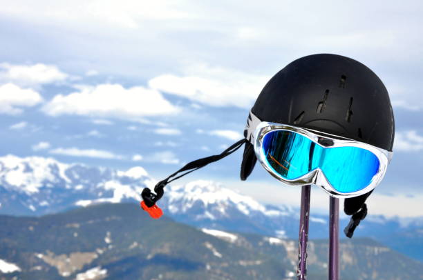 Winter panorama of Alps in Austria and ski equipment