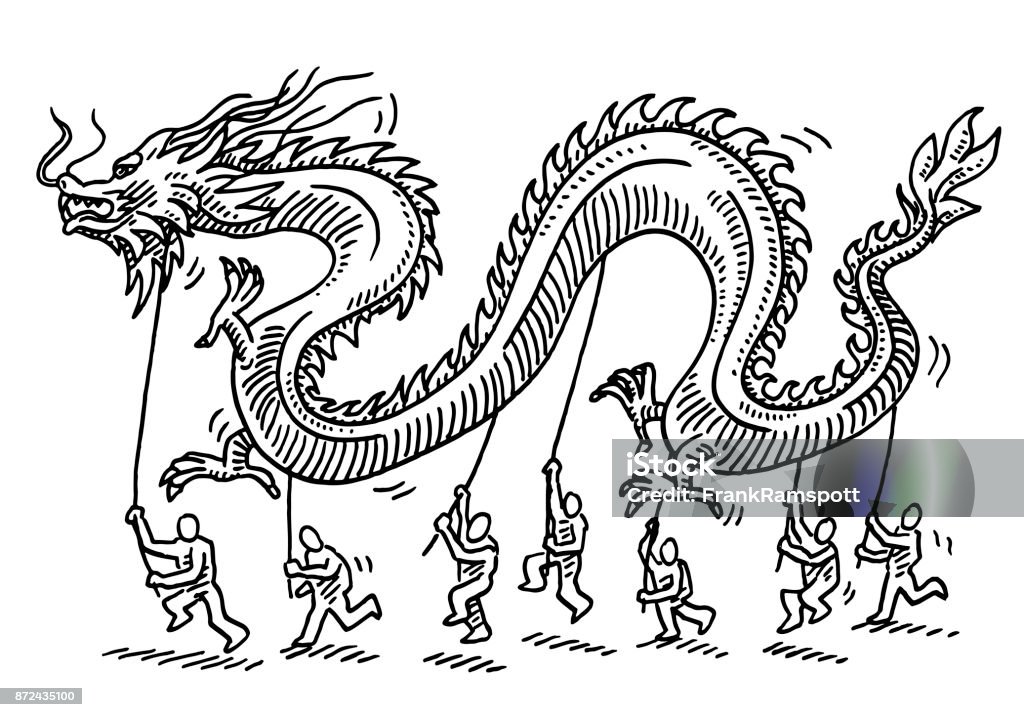 Chinese Dragon Dance Celebration Drawing Hand-drawn vector drawing of a Chinese Dragon Dance Celebration. Black-and-White sketch on a transparent background (.eps-file). Included files are EPS (v10) and Hi-Res JPG. Dragon stock vector