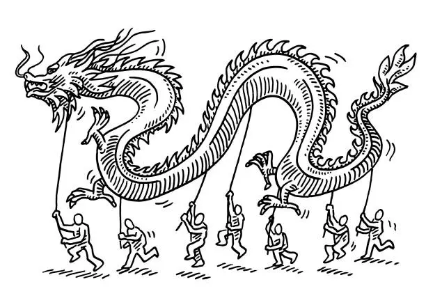 Vector illustration of Chinese Dragon Dance Celebration Drawing