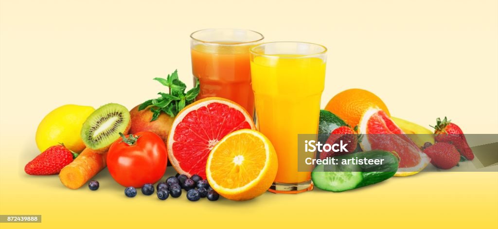 Food. Glasses of fresh juice on white background Agriculture Stock Photo
