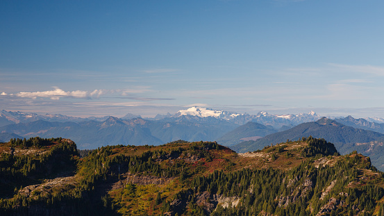 A view of the Northern Cascade mountain Range including Mount Shuksan during the autumn season.
