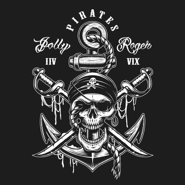 illustrazioni stock, clip art, cartoni animati e icone di tendenza di emblema teschio pirata con spade, ancora - pirate corsair cartoon danger