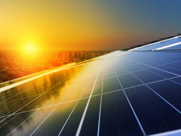 solar panel photovoltaic installation on a roof, alternative electricity source - solar panel imagens e fotografias de stock