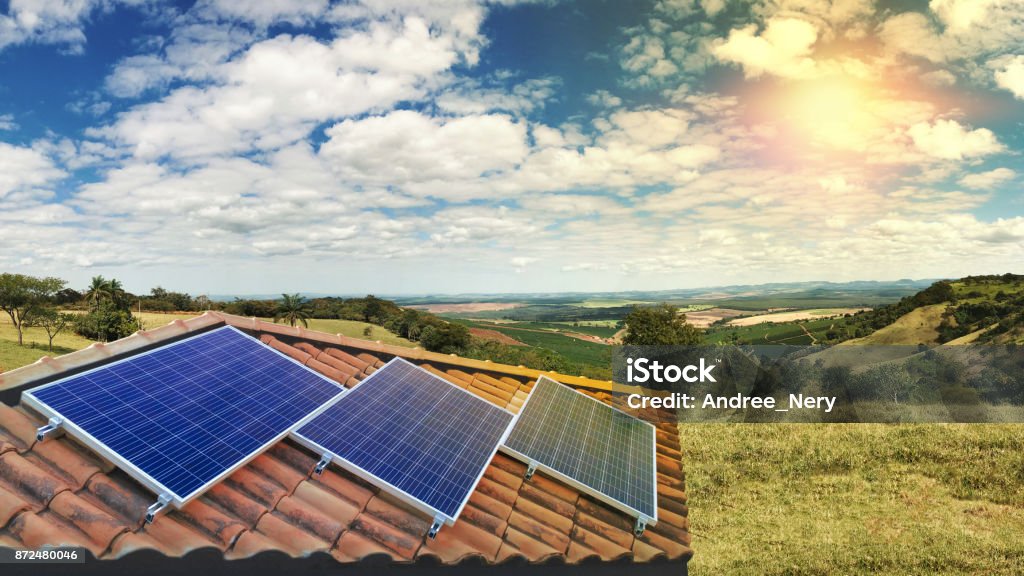 Solar Panel Photovoltaic installation on a Roof, alternative electricity source Solar Panel Photovoltaic installation on a Roof, alternative electricity source - Concept  Image of Sustainable Resources Solar Panel Stock Photo