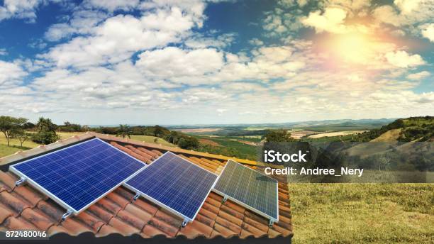 Solar Panel Photovoltaic Installation On A Roof Alternative Electricity Source Stock Photo - Download Image Now