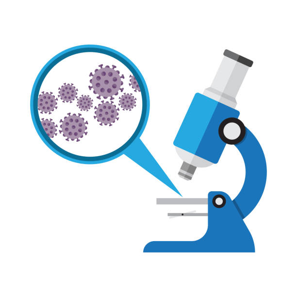 Microscope. Laboratory equipment, research with microbes in microscope vector art illustration