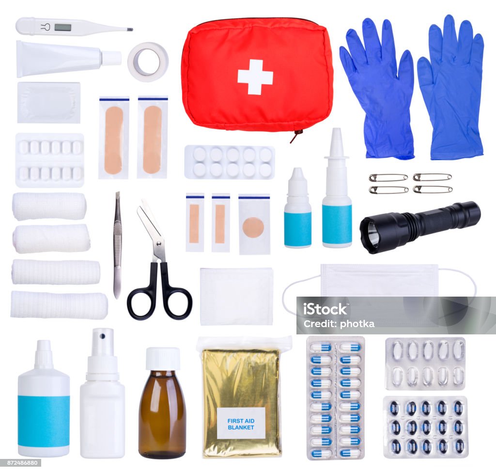 First aid kit objects First aid kit objects isolated on white background First Aid Kit Stock Photo